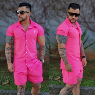 Conjunto Praia Camisa e Short Masculino Pink Vinho Verde Militar Tecido  Tactel com Elastano Ano Novo