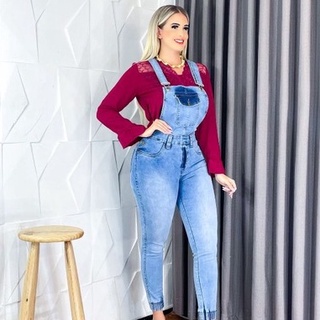 Macacão jeans hot sale jardineira longo