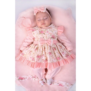 Saída Maternidade Menina Pompom Floral Salmão 05 Peças Roupas de Bebê