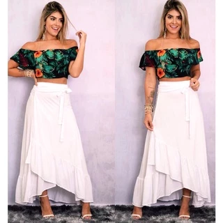 Saia Longa Branca Feminina Saia com Fenda