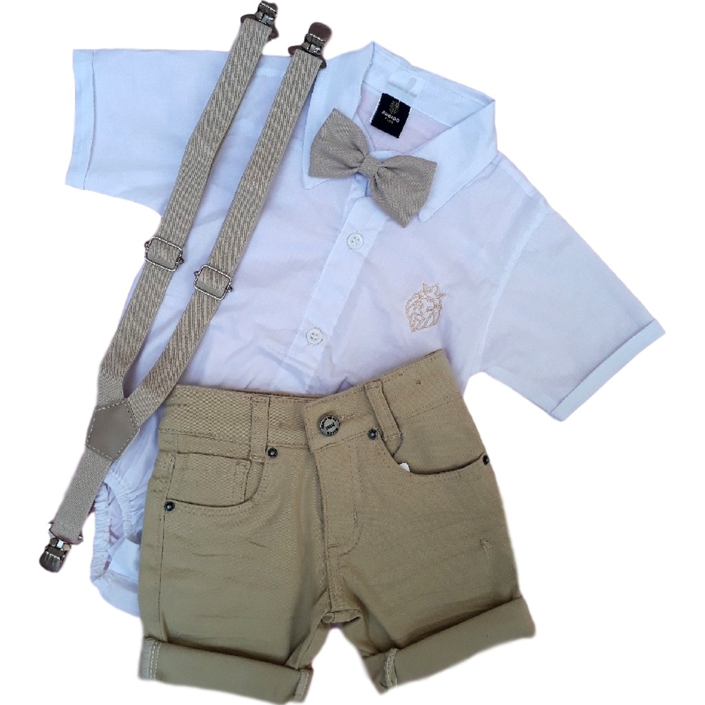 Roupa Social de Batizado Bebê com Body Branco Bermuda bege + Suspensório e Gravata