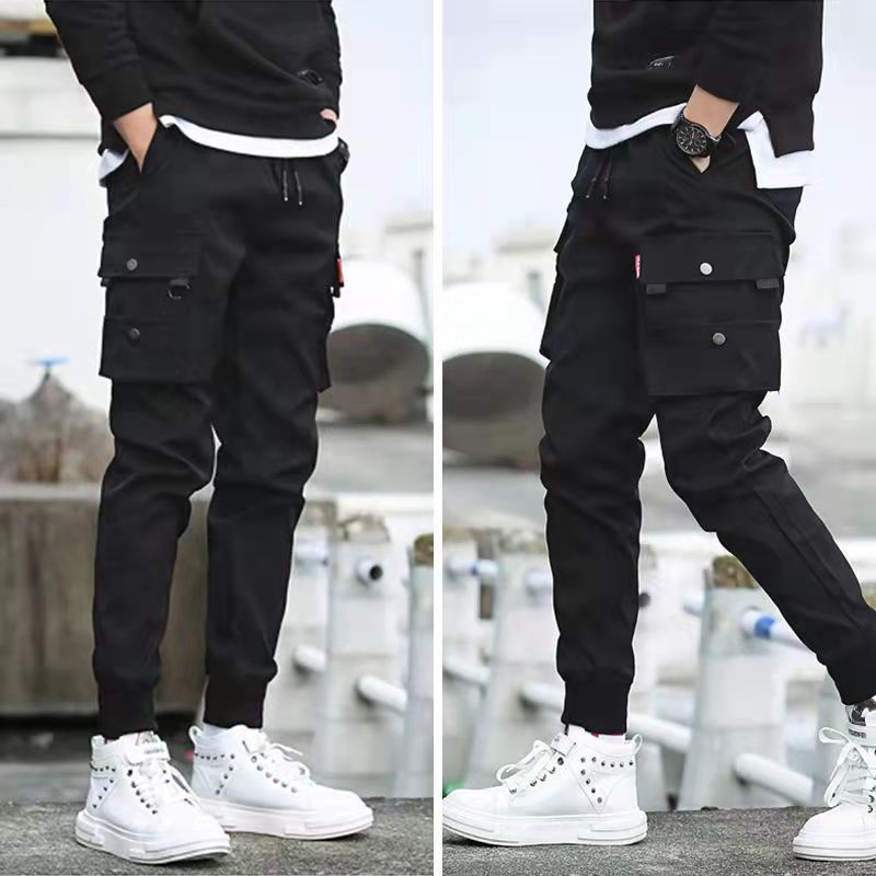 Streetwear Calça Cargo Slim Masculina Hip Hop Calça Jogger Calças De Harém  Com Bolsos Lateral Fitas Para Corrida