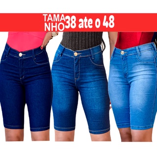 Bermuda Jeans Ciclista Feminina Cintura Alta Lycra Hot Pants Comprida até o Joelho tamanhos 38 ao 48