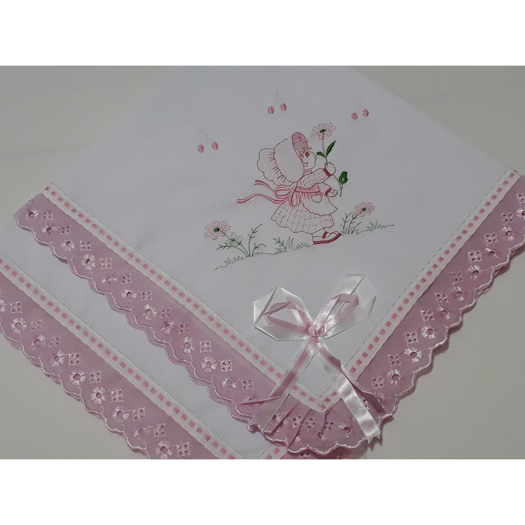 Manta para Bebê Menina Boneca Camponesa 100% Algodão Verão para Bebe Bordada