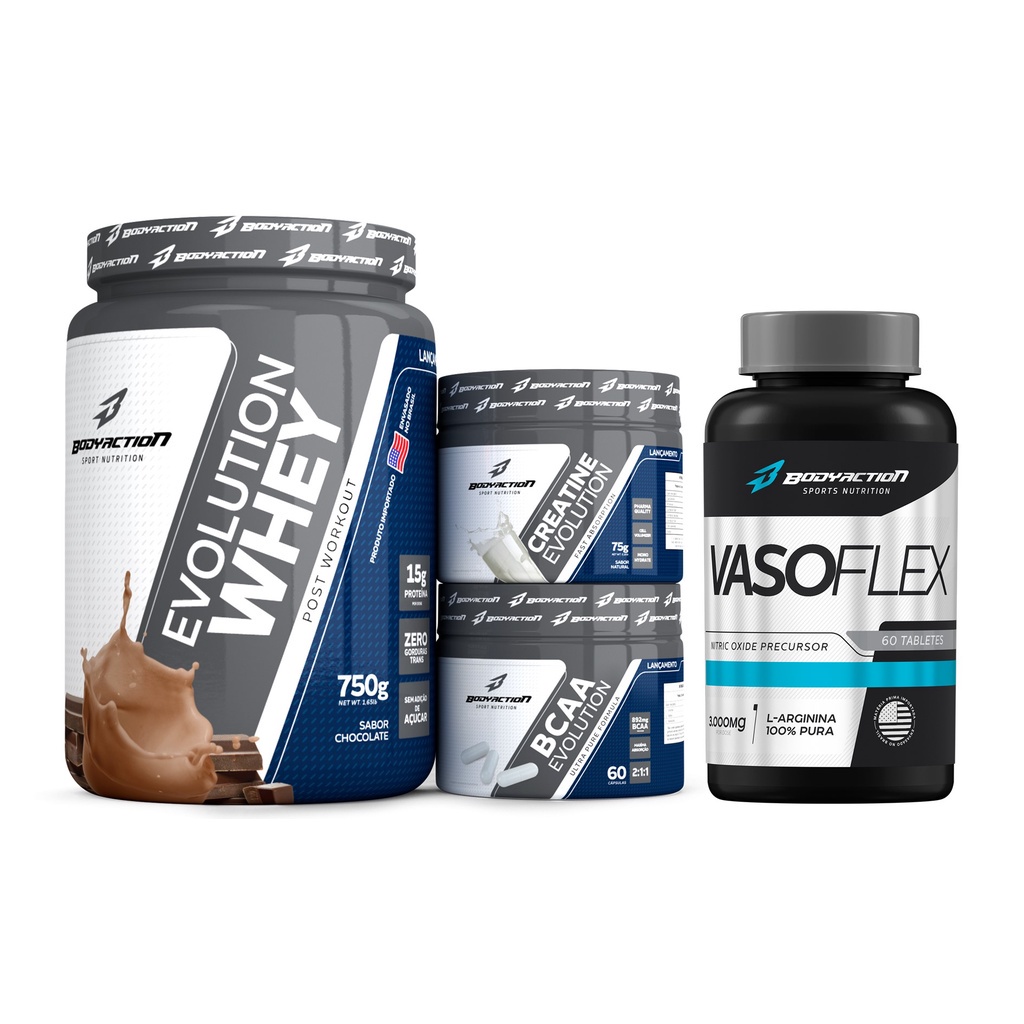 Kit Evolution Whey Protein + Creatina + Bcaa + Vasoflex Body Action