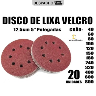 Kit 20 Disco Lixa Velcro 125mm 8 Furos Lixadeira Roto Orbital para Ferro Metal Madeira e Massa
