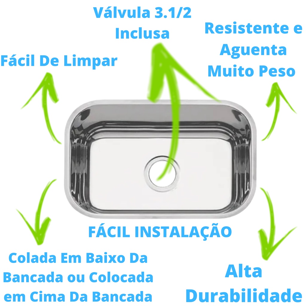 Cuba Inox Cozinha 46x30x14cm Retangular N°1 Pia De 20 Litros Aço AISI ...