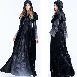 Halloween Cosplay Fantasia Crânio Imprimir Vestido Longo Bruxa De Vimpire Americano Europeu Da Morte