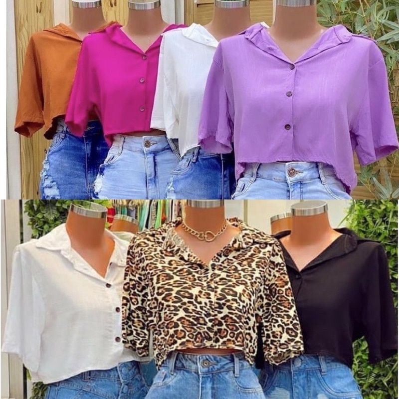Blusa Feminina Cropped Camisa Social Botões Em Viscolinho verão 2022