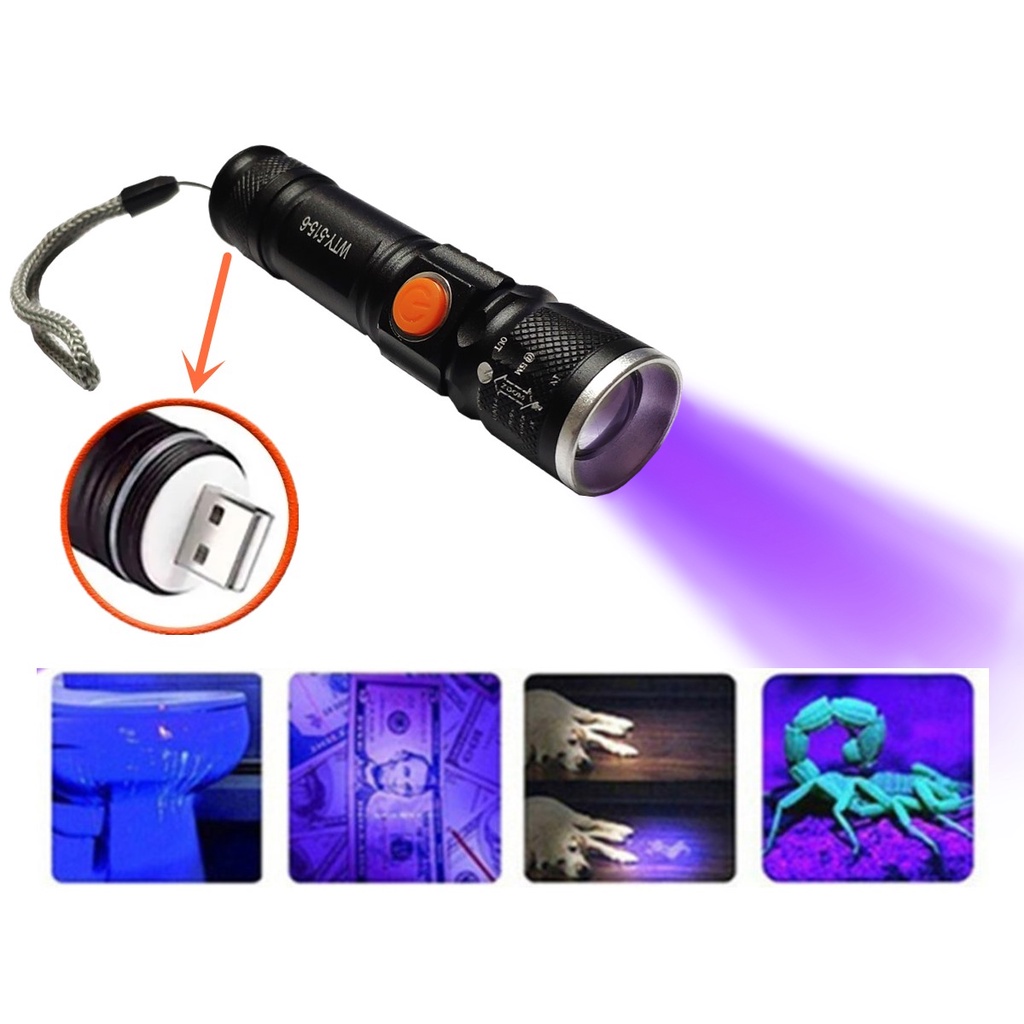Lanterna Ultravioleta T6 Led Luz Negra Uv Achar Escorpião Nota Falsa Recarregável Usb