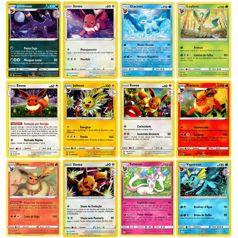 Carta Pokémon Eeveelutions Diversos Modelos Escolha Pronta Entrega - Eevee  e Evoluções Flareon Vaporeon Jolteon Leafeon Glaceon Sylveon Espeon Umbreon  - Carta Rara de Coleção