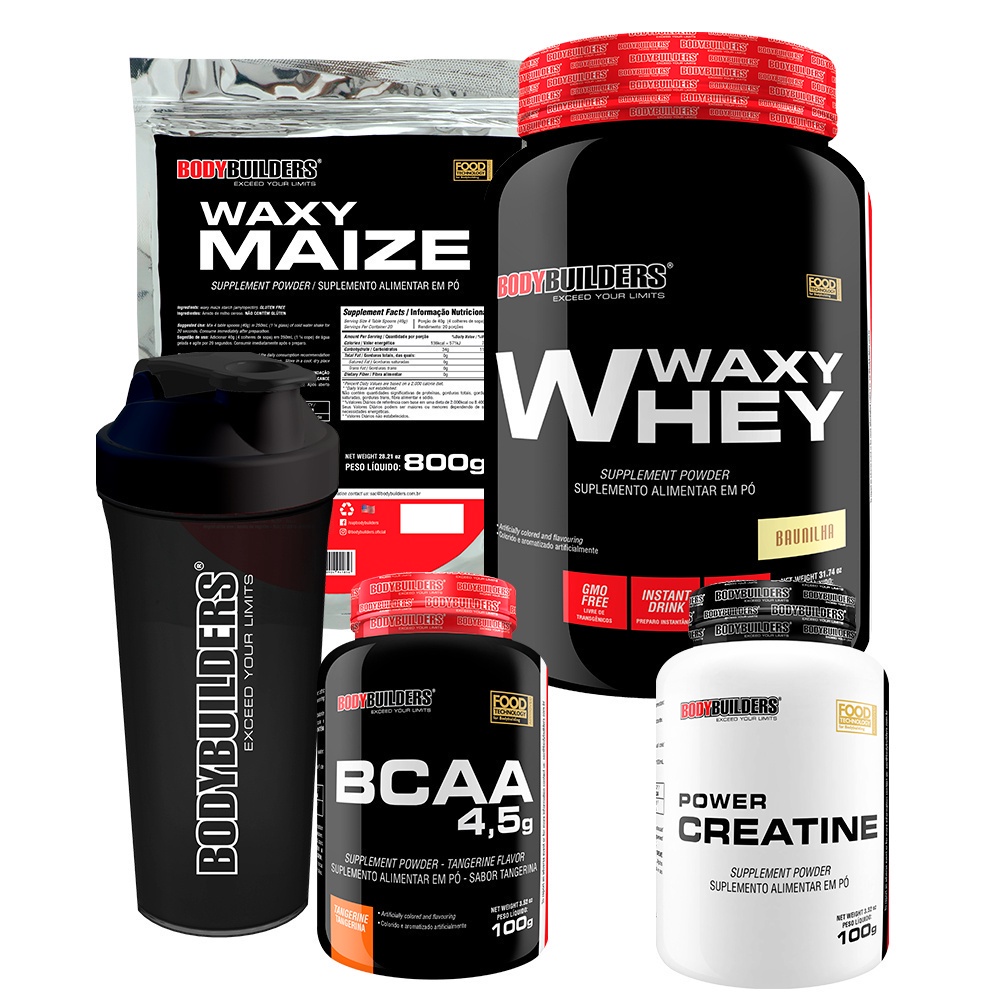 Kit Whey Protein Waxy Whey Pote 900g + Waxy Maize 800g + Power Creatina 100g + BCAA 4,5 100g + Coqueteleira – Aumento de Massa Muscular – Bodybuilders