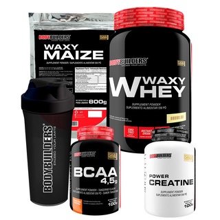 Kit Whey Protein Waxy Whey Pote 900g + Waxy Maize 800g + Power Creatina 100g + BCAA 4,5 100g + Coqueteleira - Aumento de Massa Muscular - Bodybuilders