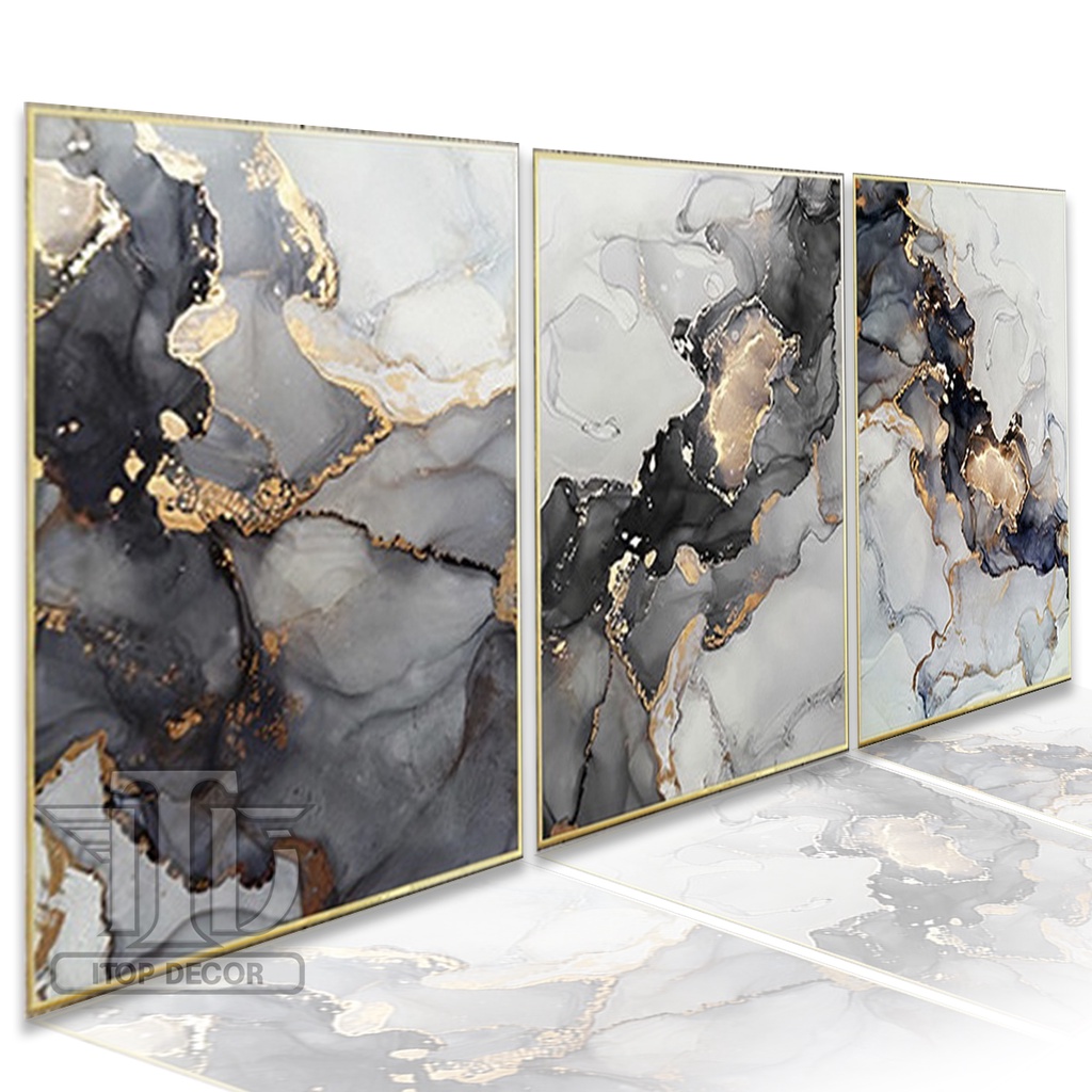 Kit 3 Peças Quadro Decorativo de Parede Mármore Abstrato Cores Neutras Moldura Moderna Para Sala Escritório Quarto Top