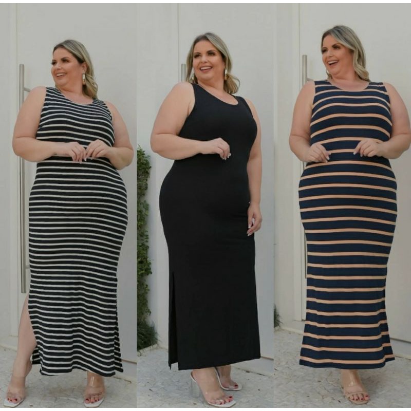 Vestido listrado longo plus fashion size