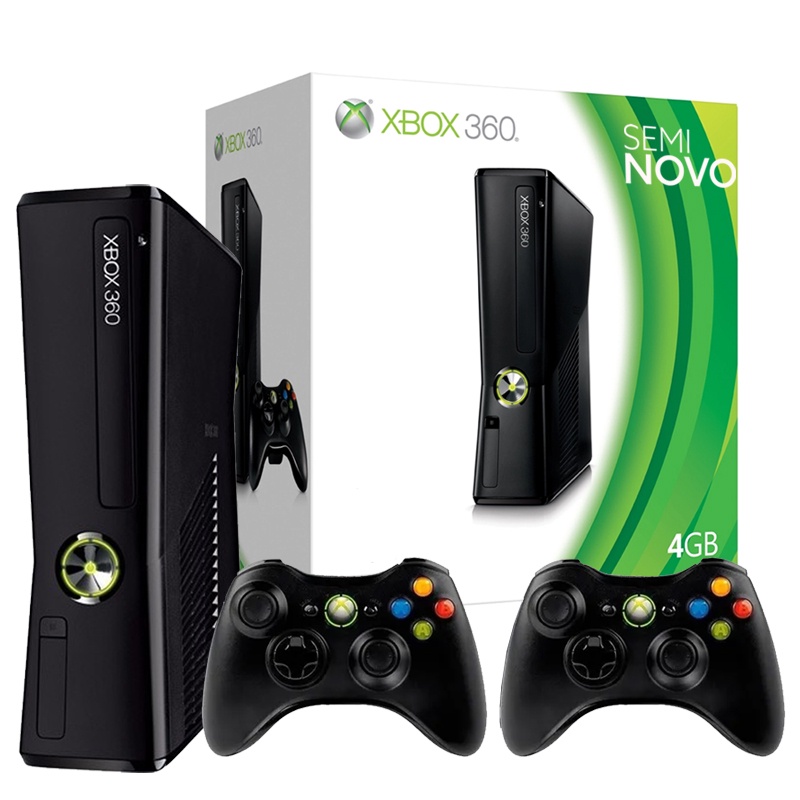 Console Microsoft Xbox 360 Slim Preto com 2 Controles com fio