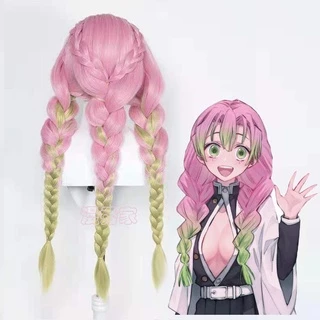 Anime Demon Slayer Kanroji Mitsuri Kimetsu No Yaiba 90cm Cosplay Peruca Verde Rosa Tranças Coloridas Cabelos Grossos