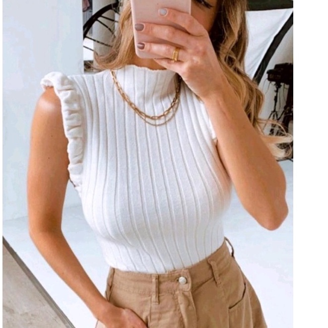 Kit 2 blusas feminina tricot garrafinha canelada babado trico