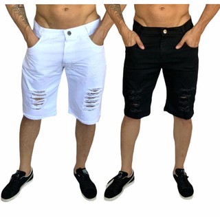 bermuda preta e branca jeans masculina rasgada kit com 2