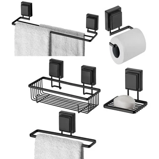Kit Porta Toalha Shampoo Sabonete Papel Ventosa Banheiro Preto Fosco