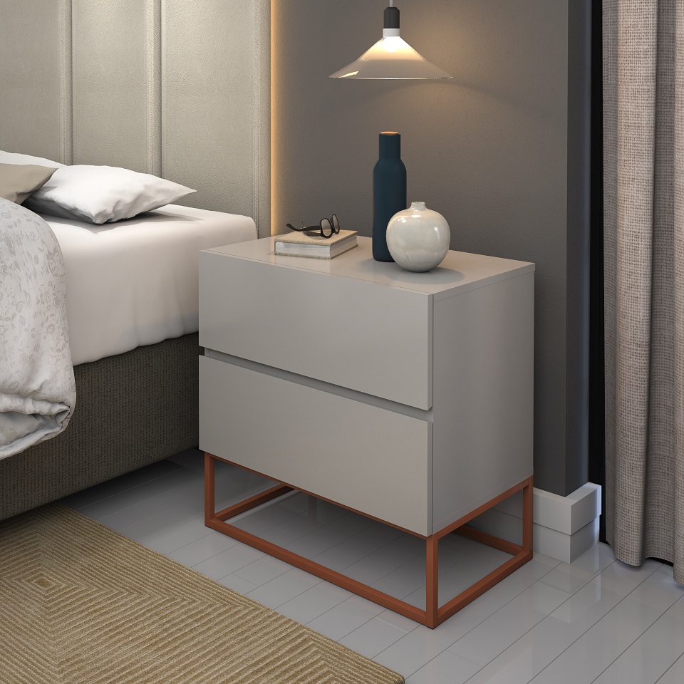 Mesa Cabeceira para Quarto 2 Gavetas Off White com Cobre