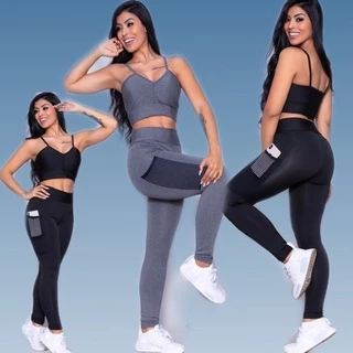 Calça Legging Academia Roupa Fitness , Leg com bolso , Empina Bumbum Cós Alto , Detalhe em telinha , Roupa de academia
