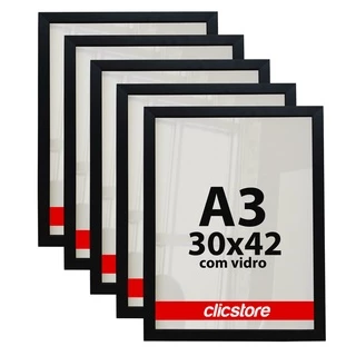 Kit 05 Molduras A3 30x42Cm Com Vidro e Fundo Para Quadros Diplomas Certificados Fotos