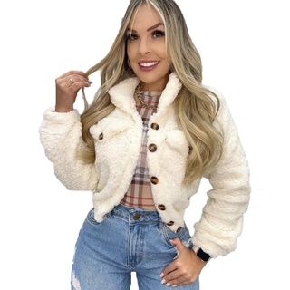 Jaqueta Feminina Casaco Curto Teddy Pelucia Blogueira Botoes