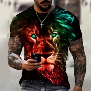 Camiseta De Verão Masculina 3D Lion Print Summer Oversized fashion Streetwear Harajuku Manga Curta Pescoço Redondo