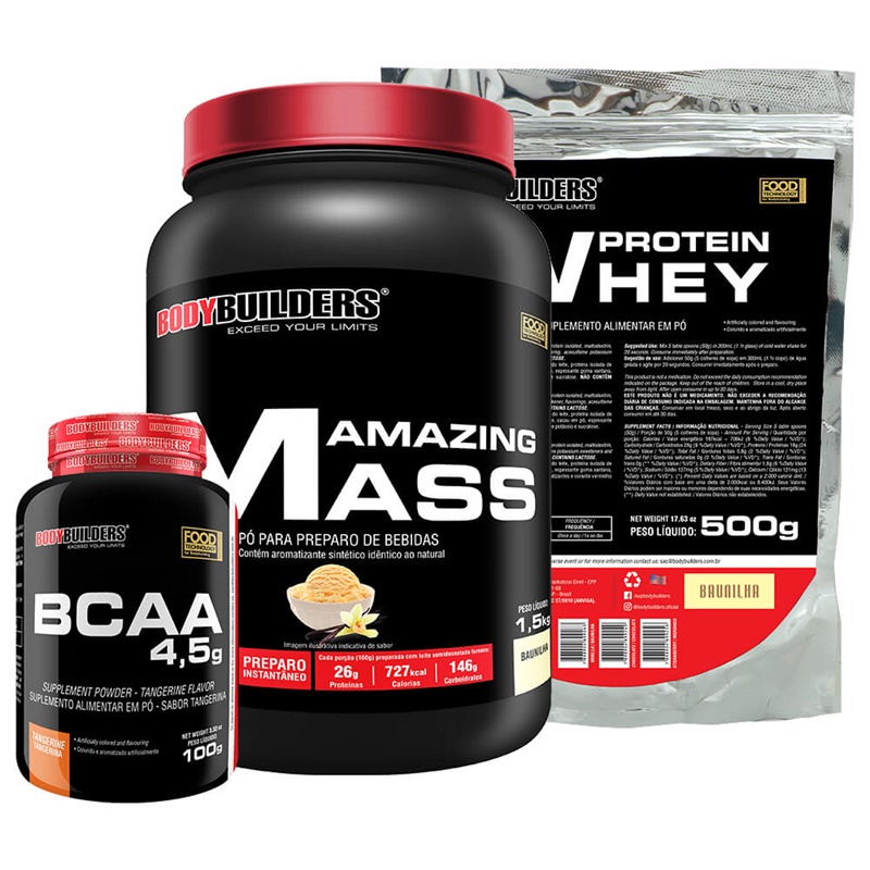 Kit Suplemento Hipercalórico Amazing Mass 1,5kg + Whey Protein Concentrado em Blend Proteíco 500g + BCAA 100g – Bodybuilders