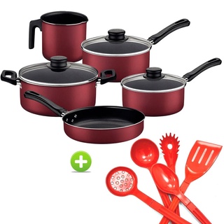 Jogo de Panelas Tramontina Caribe 5 peças e Conjunto Utensílios em nylon 5 Pçs Vermelho