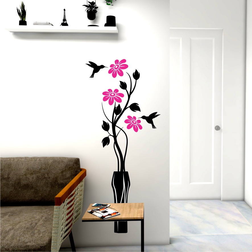 Adesivo Decorativo Parede Vaso Flores PINK Beija-flor