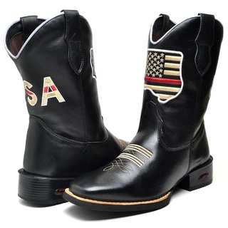 Bota Masculina Country Texana Em Couro Bico Quadrado Cano Longo Bordado USA