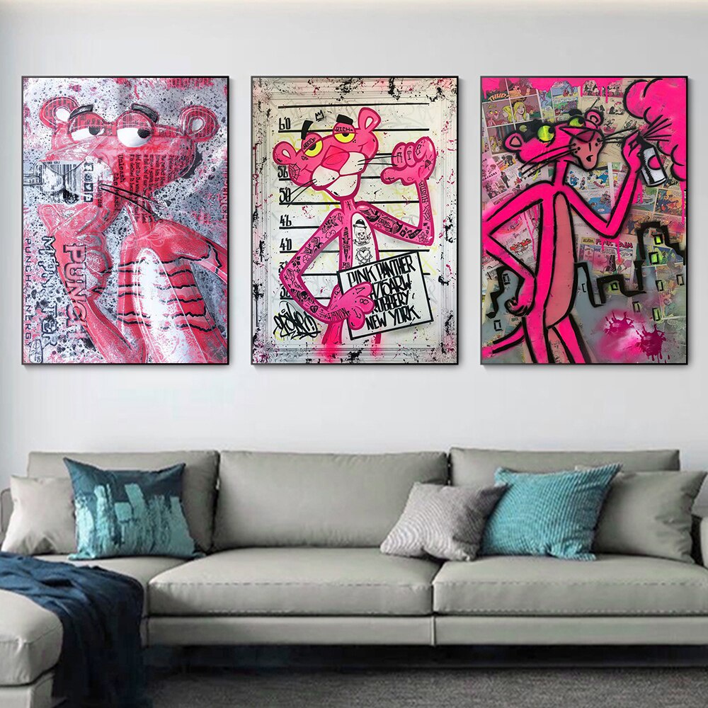 quadro decorativo 3 peças pantera cor de rosa grafitti art pop decoração