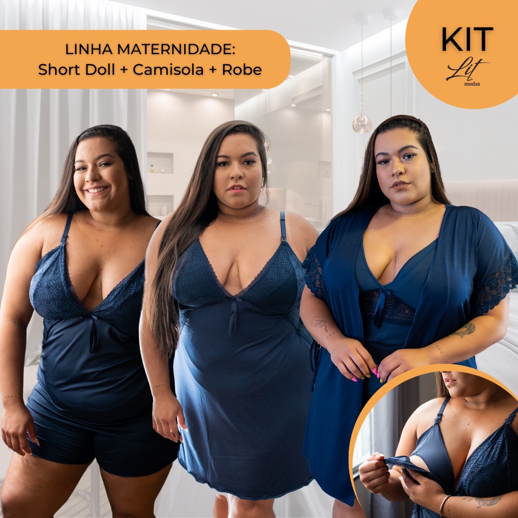 Kit Robe e Camisola Amamentação Plus Size Vestido de Dormir