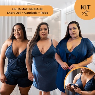KIT 3 Peças - Robe, Camisola e Short Doll Plus Size Amamentação Confortável com Renda Pós-parto Gestante Maternidade Pijama Roupa de Dormir Tamanho Especial 50 52 54 56 58 LIT MODAS