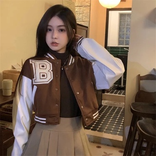 Outono Nova Jaquetas De Beisebol Marrom Para As Mulheres 2022 Moda Patchwork Botão Top Curto Casacos Jaqueta Do Time Colégio