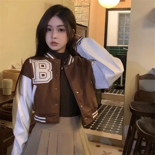 Outono Nova Jaquetas De Beisebol Marrom Para As Mulheres 2022 Moda Patchwork Botão Top Curto Casacos Jaqueta Do Time Colégio