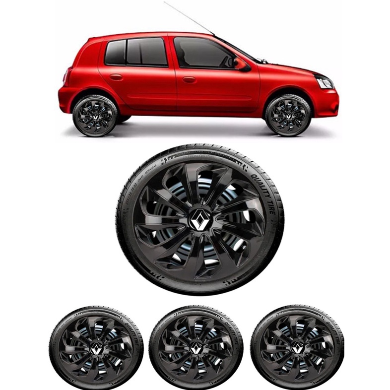 Jogo 4 Calota Esportiva Velox Preto Aro 13 Renault Clio 96 97 98 99 2000 2002 2003 2004 2005 2006 2007 2008 2009 2010 11