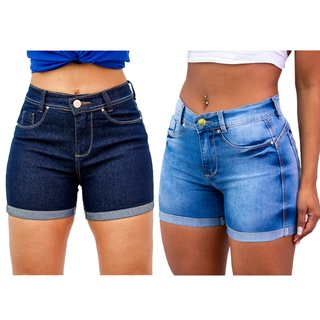 Kit 2 Short Feminino Jeans Com Licra Cintura Alta Desfiado Curto 2 - Azul  Claro