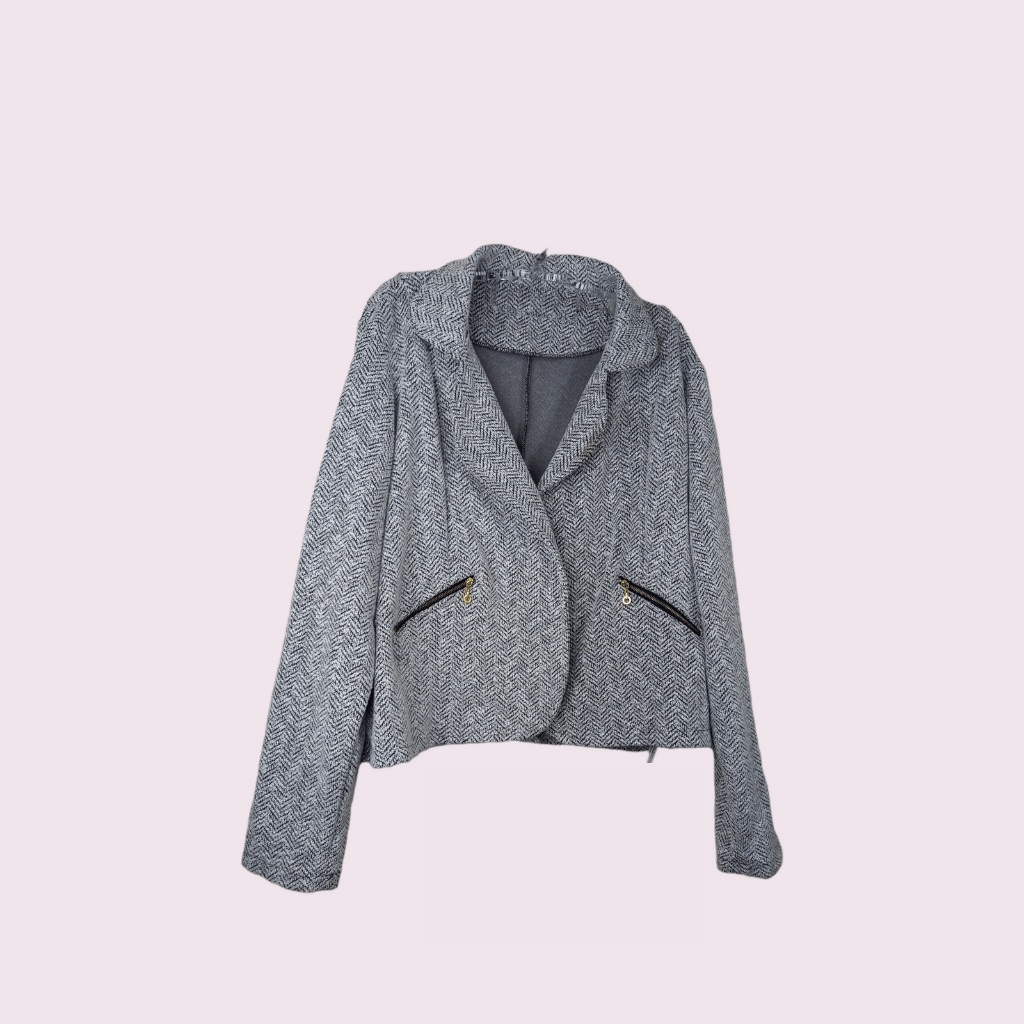 Blazer Curto em Tweed com Estampa Xadrez Pied-de-poule e Manga Bufante Bege