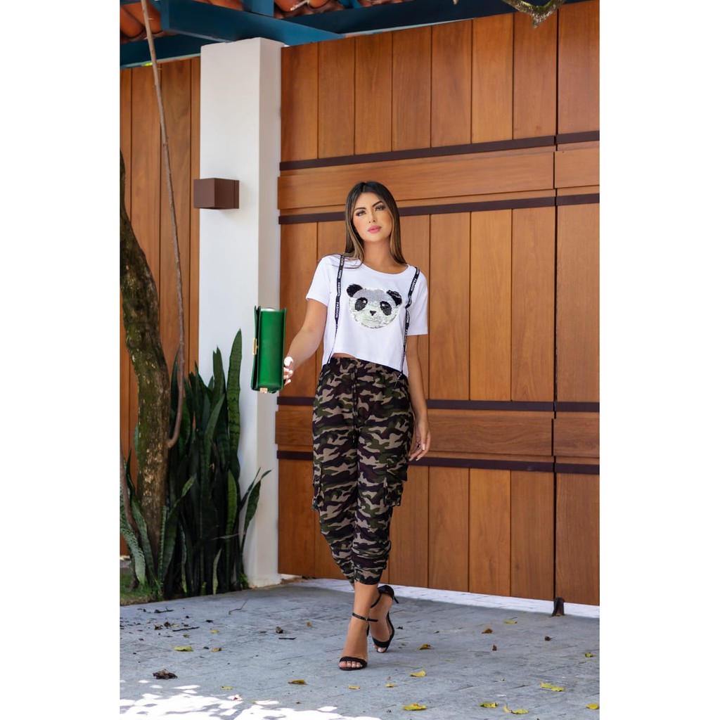 Calça com store estampa militar feminina