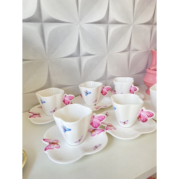 Jogo 6 Xicaras De Porcelana Para Café Chá 170ml Caixa Em Mdf Decorada  Várias Cores cor:Rosa