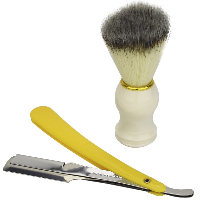 Pincel Barba + Navalhete Aco Inox Cabo Amarelo Barbeiro Super Barba