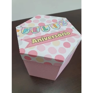 Caixa explosão Aniversáro poá rosa (desmontada) Embalagem Presente Doce Bombom Chocolate Caneca ou Minibolo