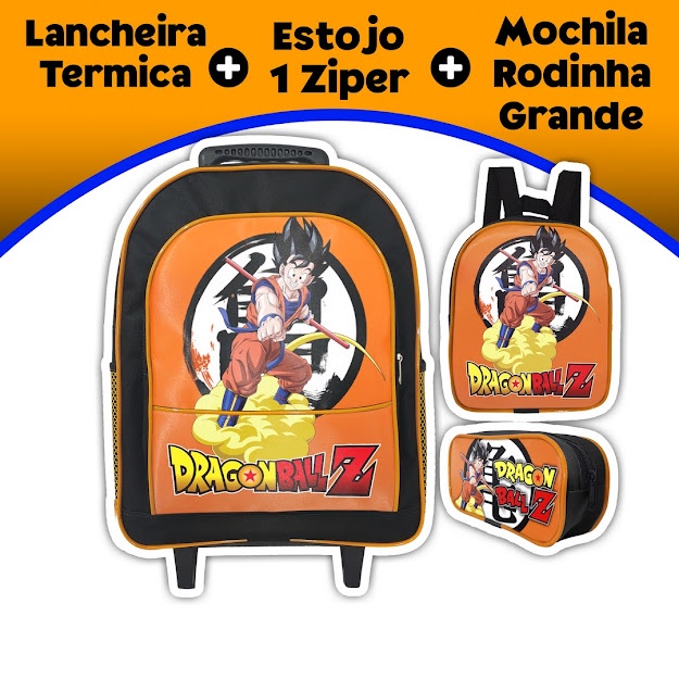 KIT DRAGON BALL Z MOCHILA CARRINHO COM LANCHEIRA E ESTOJO - TENHO