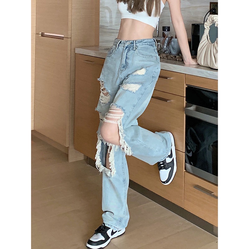 HAJW Personalized old washed hole retro blue jeans women's summer new high  waist loose slimming wide leg long pants