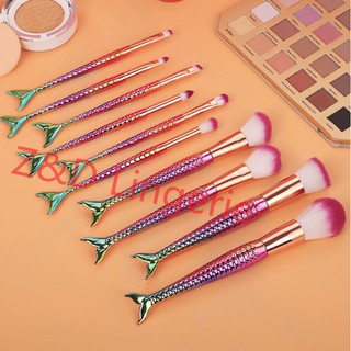Kit 10 Pincéis Sereia Unicórnio Com Estojo Lindo Maquiagem Para Base Blush E Sombra De Olhos Cerdas Macias