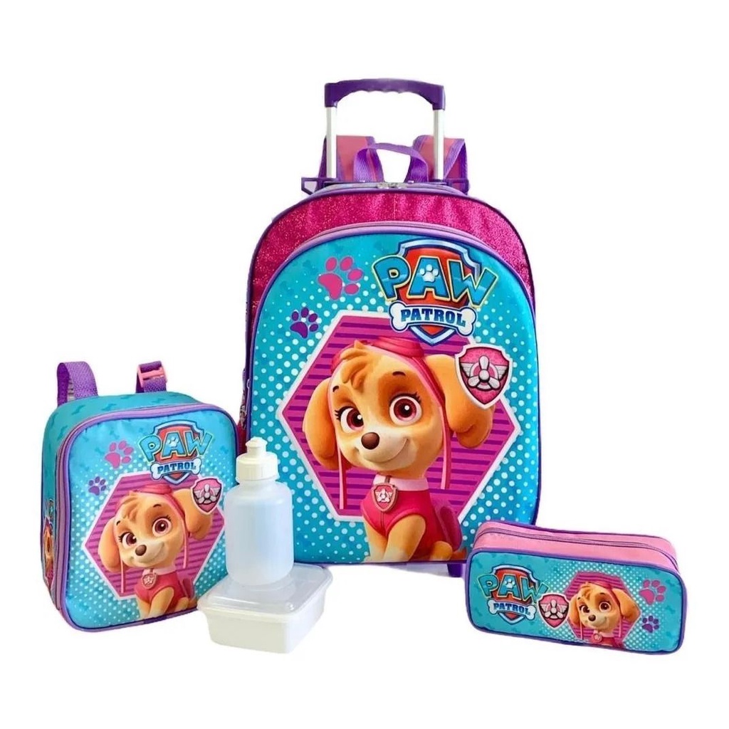 Kit Mochila Patrulha Canina Skye Rodinhas Tam M Glitter F5