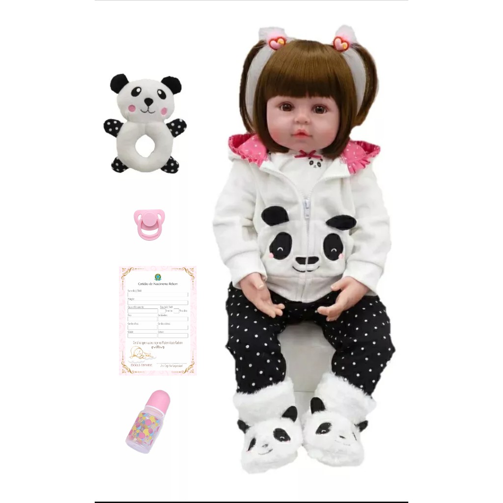 Boneca Bebê Reborn Menina Panda 48cm Corpo De Silicone Pode Ser Banhad